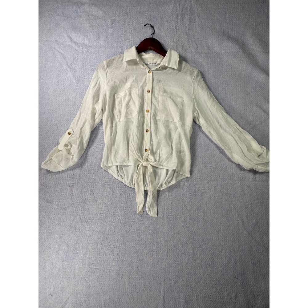 Notations Womens White Roll Tab Sleeve Front Tie Button Down Shirt RJB2282 New S